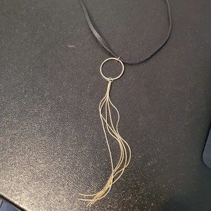 KL Black Leather Choker Necklace Gold Tone Tassel